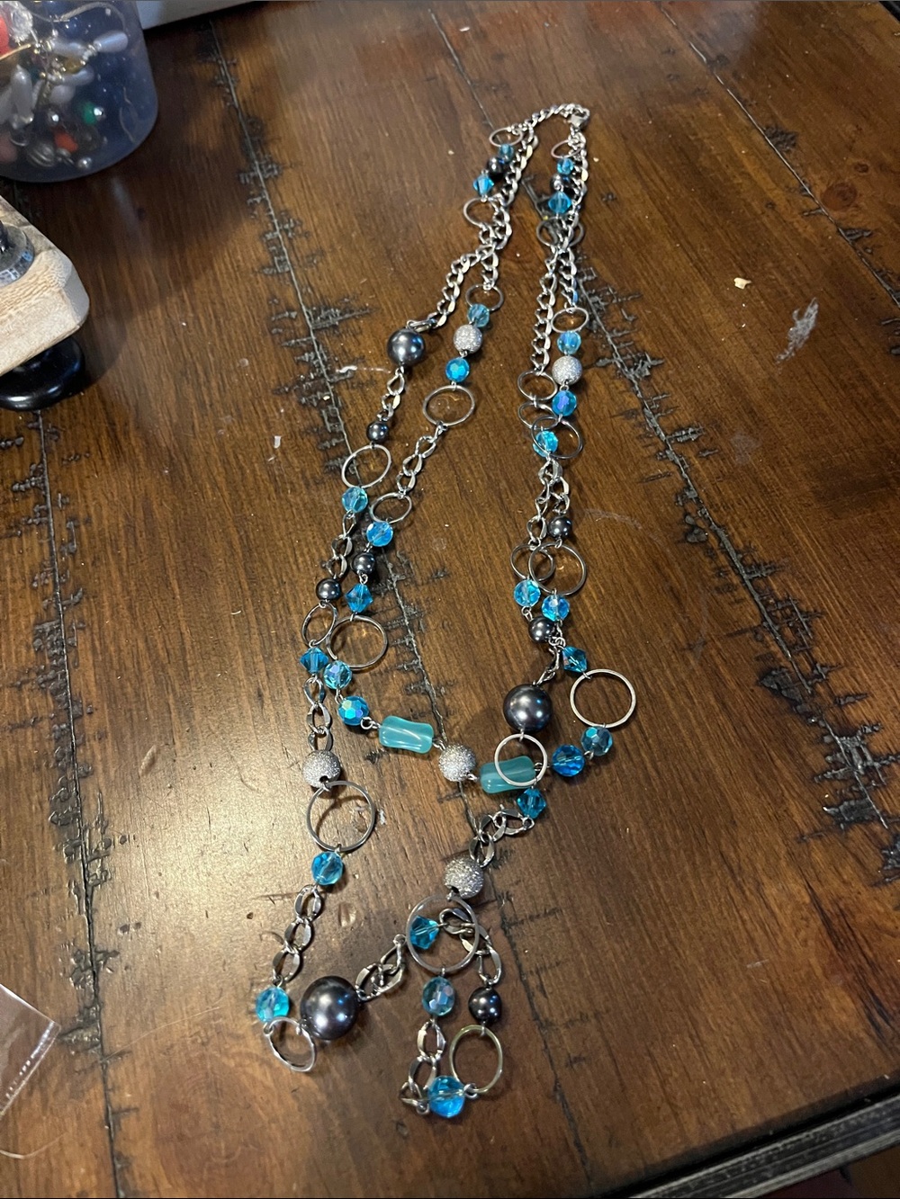 Silver Tone Necklace with Turquoise Blue Beads 1869